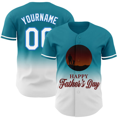 Custom Teal White-Electric Blue 3D Pattern Design Father's Day Family Love Fade Authentic Baseball Jersey