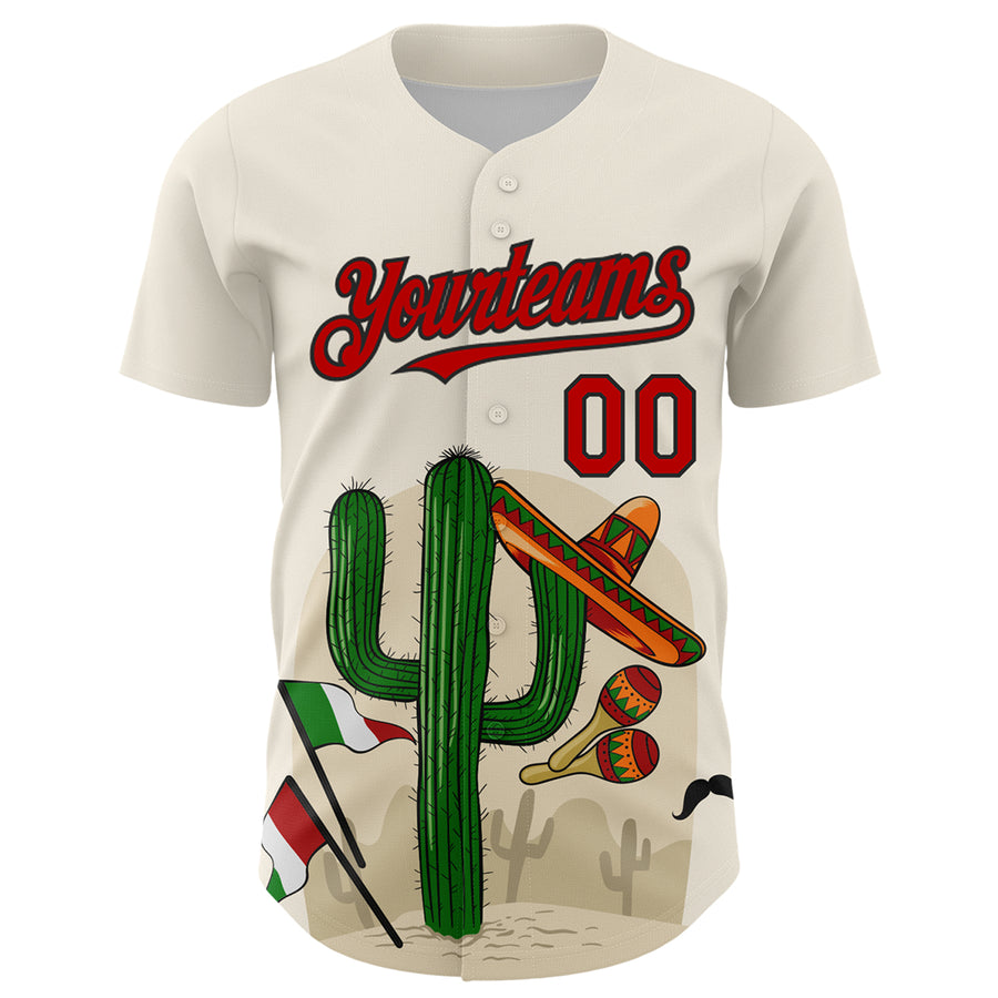 Custom Cream Red-Black 3D Mexican Festival Cactus Sombrero And Flag Cinco de Mayo Authentic Baseball Jersey