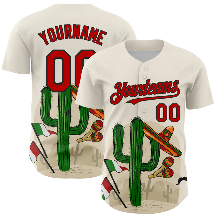 Custom Cream Red-Black 3D Mexican Festival Cactus Sombrero And Flag Cinco de Mayo Authentic Baseball Jersey