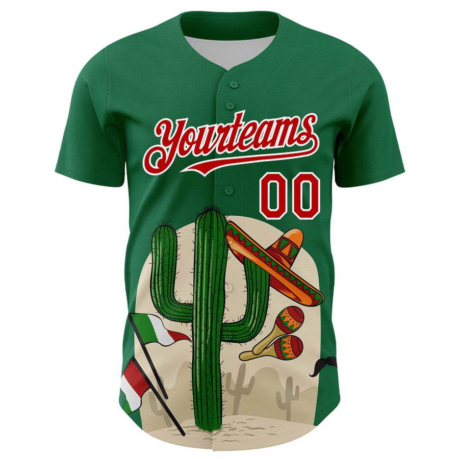 Custom Kelly Green Red-White 3D Mexican Festival Cactus Sombrero And Flag Cinco de Mayo Authentic Baseball Jersey