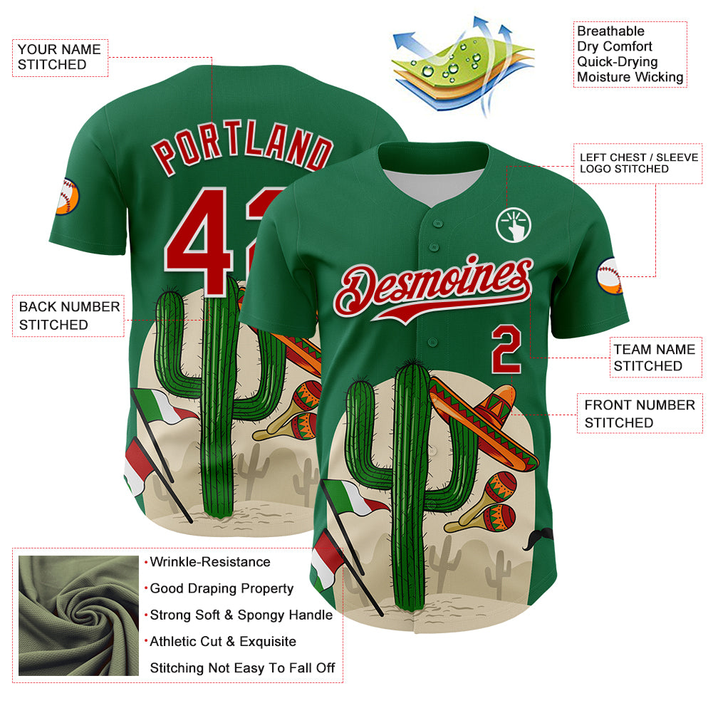 Custom Kelly Green Red-White 3D Mexican Festival Cactus Sombrero And Flag Cinco de Mayo Authentic Baseball Jersey