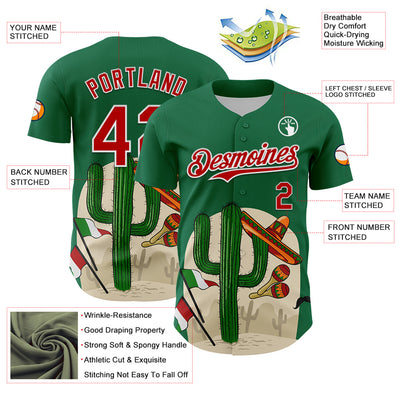 Custom Kelly Green Red-White 3D Mexican Festival Cactus Sombrero And Flag Cinco de Mayo Authentic Baseball Jersey