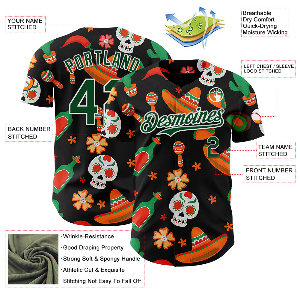Custom Black Green-White 3D Mexican Festival Sombrero And Skull Cinco de Mayo Authentic Baseball Jersey