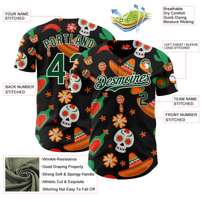 Custom Black Green-White 3D Mexican Festival Sombrero And Skull Cinco de Mayo Authentic Baseball Jersey