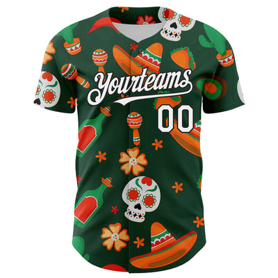 Custom Green White-Black 3D Mexican Festival Sombrero And Skull Cinco de Mayo Authentic Baseball Jersey