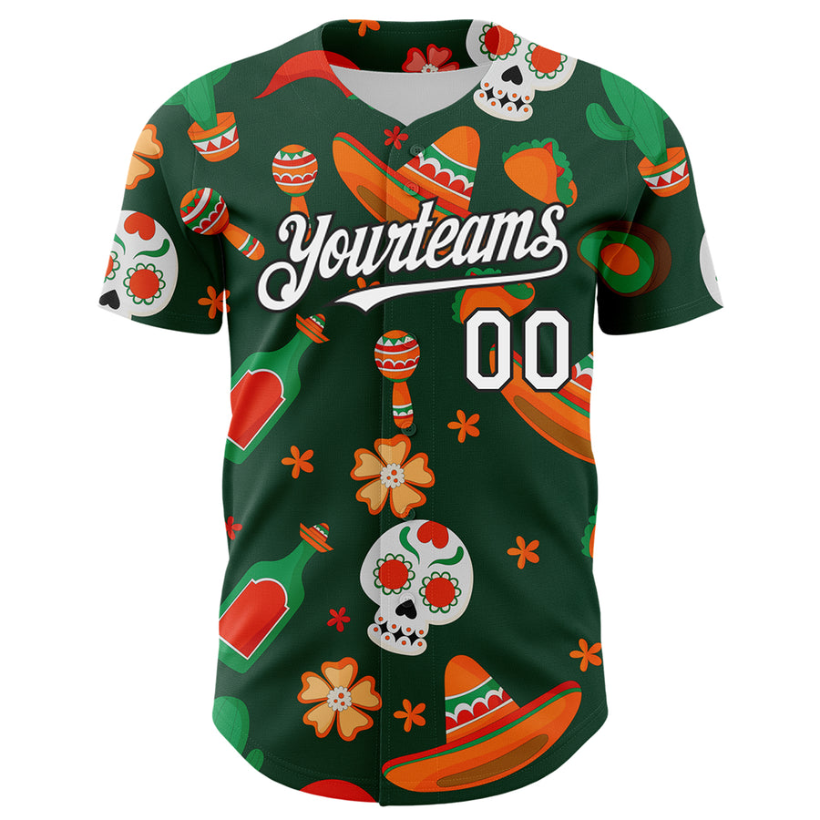 Custom Green White-Black 3D Mexican Festival Sombrero And Skull Cinco de Mayo Authentic Baseball Jersey