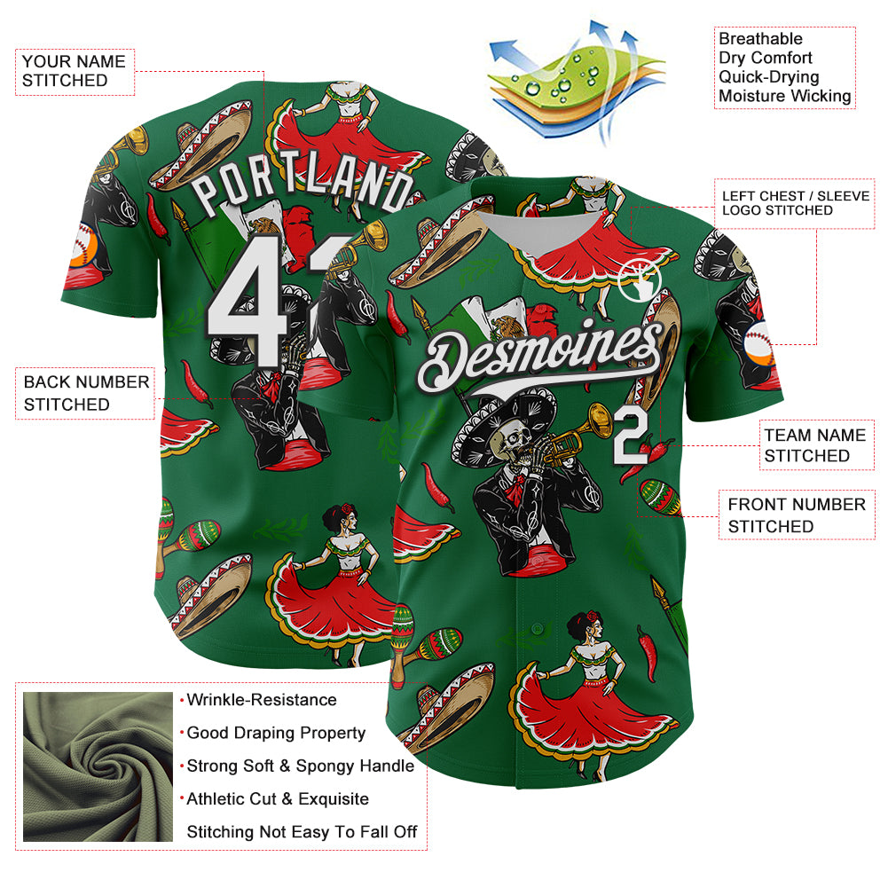 Custom Kelly Green White-Black 3D Mexican Festival Skull Cinco de Mayo Authentic Baseball Jersey