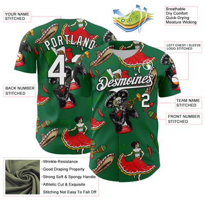 Custom Kelly Green White-Black 3D Mexican Festival Skull Cinco de Mayo Authentic Baseball Jersey