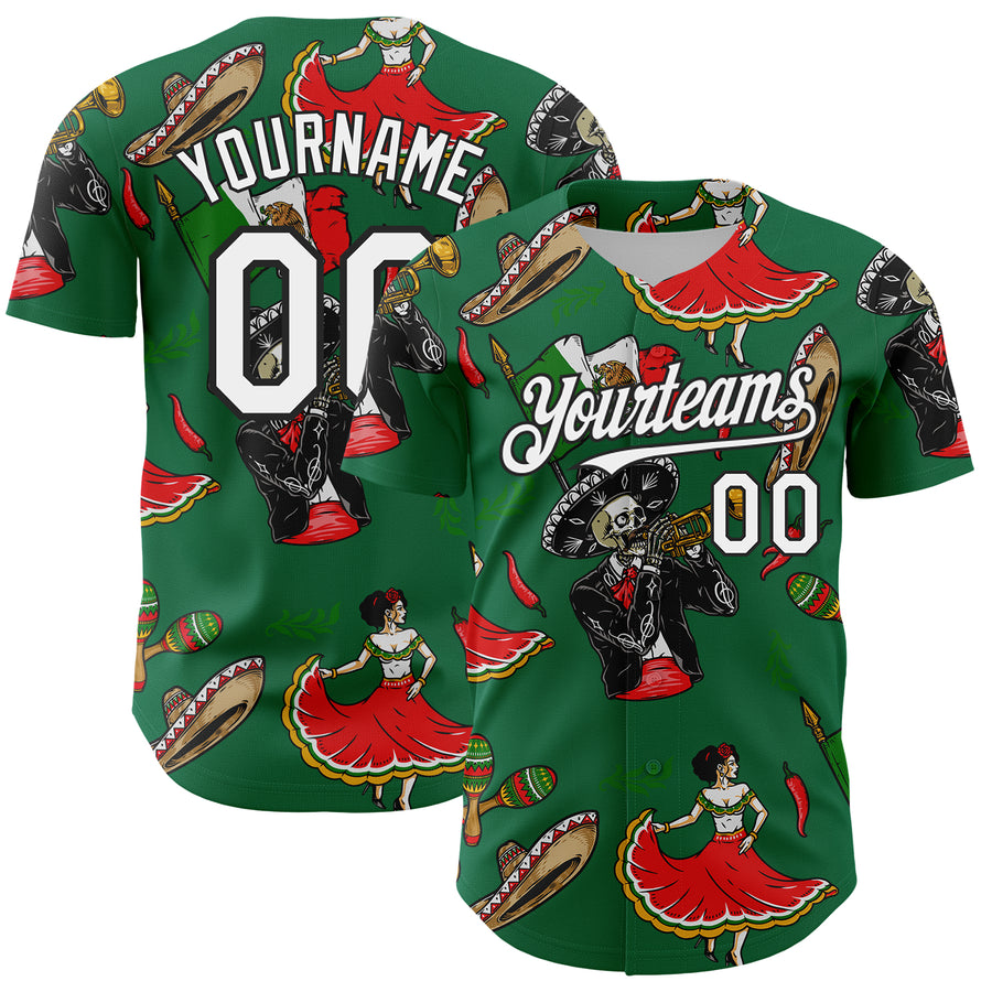 Custom Kelly Green White-Black 3D Mexican Festival Skull Cinco de Mayo Authentic Baseball Jersey
