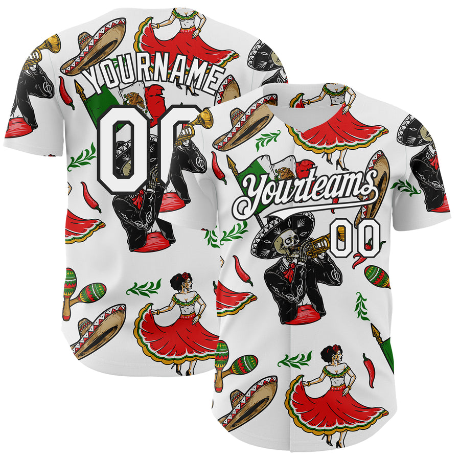 Custom White Black 3D Mexican Festival Skull Cinco de Mayo Authentic Baseball Jersey