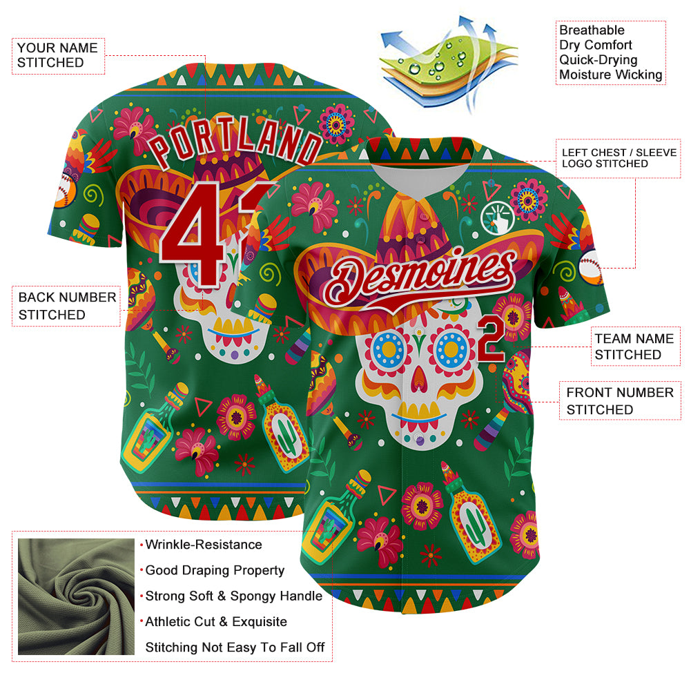 Custom Kelly Green Red-White 3D Mexican Festival Flower Skull With Sombrero Cinco de Mayo Authentic Baseball Jersey