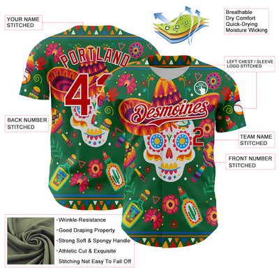 Custom Kelly Green Red-White 3D Mexican Festival Flower Skull With Sombrero Cinco de Mayo Authentic Baseball Jersey