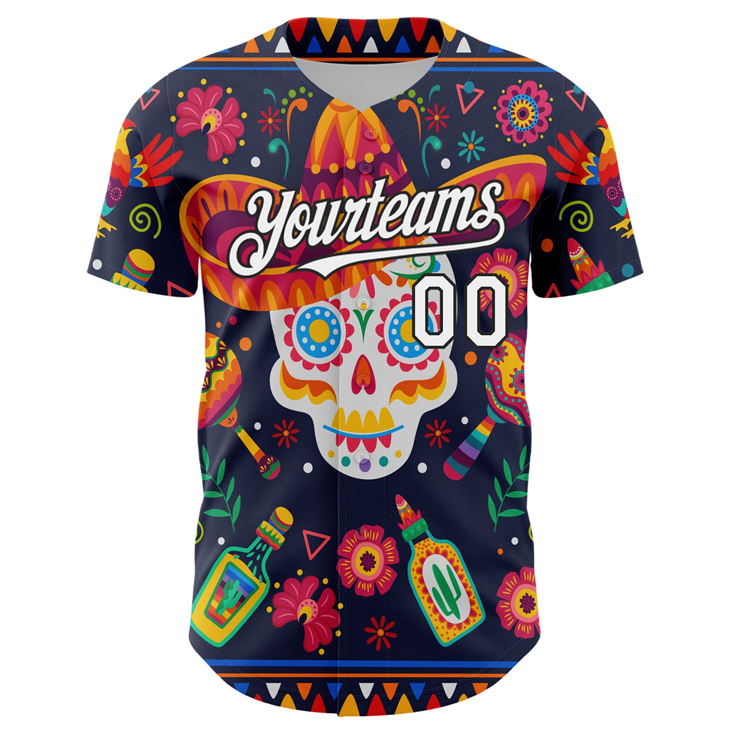 Custom Navy White-Black 3D Mexican Festival Flower Skull With Sombrero Cinco de Mayo Authentic Baseball Jersey