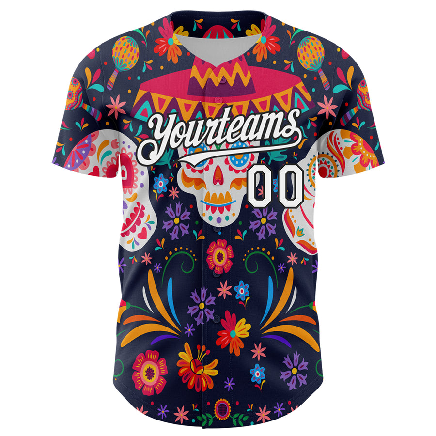 Custom Navy White-Black 3D Mexican Festival Flower Skull With Sombrero Cinco de Mayo Authentic Baseball Jersey