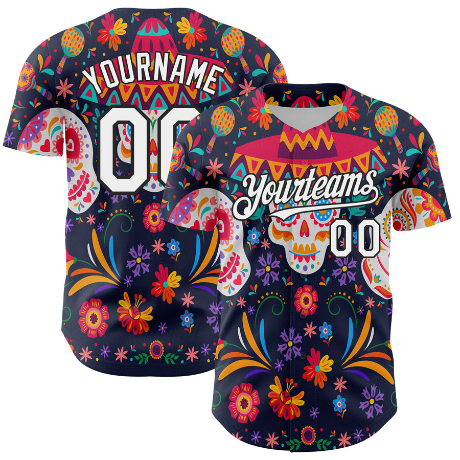Custom Navy White-Black 3D Mexican Festival Flower Skull With Sombrero Cinco de Mayo Authentic Baseball Jersey