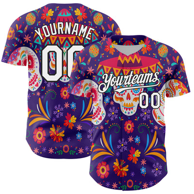 Custom Purple White-Black 3D Mexican Festival Flower Skull With Sombrero Cinco de Mayo Authentic Baseball Jersey