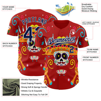 Custom Red Navy-White 3D Mexican Festival Flower And Skull Sombrero Cinco de Mayo Authentic Baseball Jersey