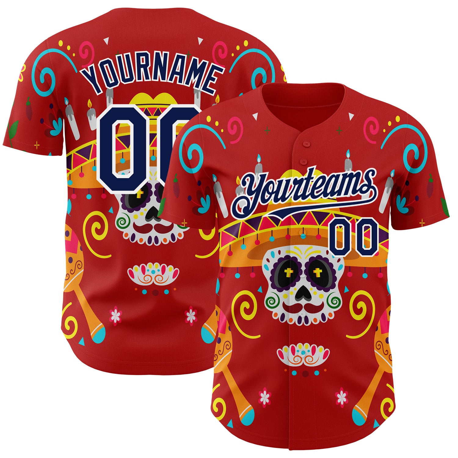 Custom Red Navy-White 3D Mexican Festival Flower And Skull Sombrero Cinco de Mayo Authentic Baseball Jersey