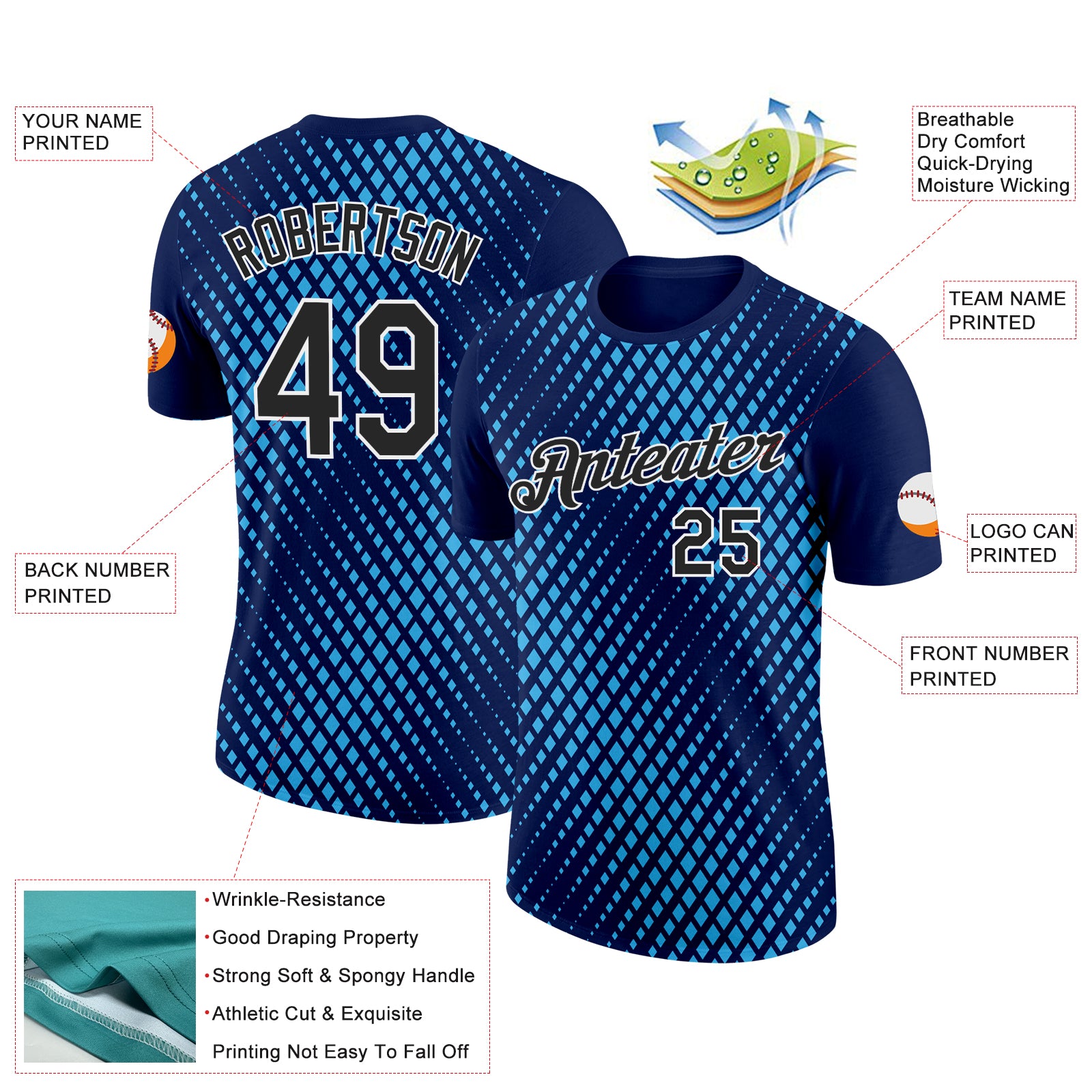 Custom Navy Black-Sky Blue 3D Esports Performance T-Shirt