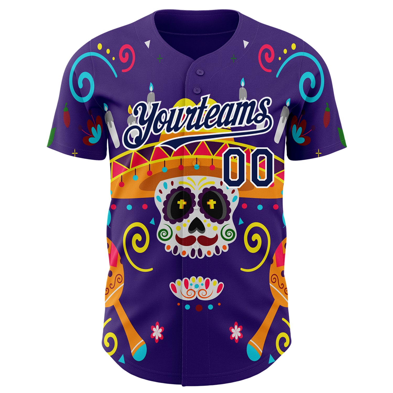 Custom Purple Navy-White 3D Mexican Festival Flower Skull With Sombrero Cinco de Mayo Authentic Baseball Jersey