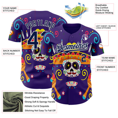 Custom Purple Navy-White 3D Mexican Festival Flower Skull With Sombrero Cinco de Mayo Authentic Baseball Jersey
