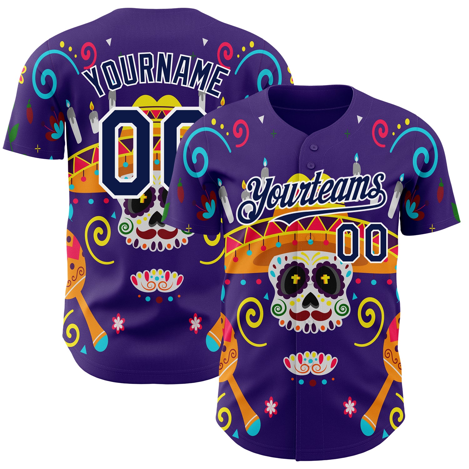 Custom Purple Navy-White 3D Mexican Festival Flower Skull With Sombrero Cinco de Mayo Authentic Baseball Jersey