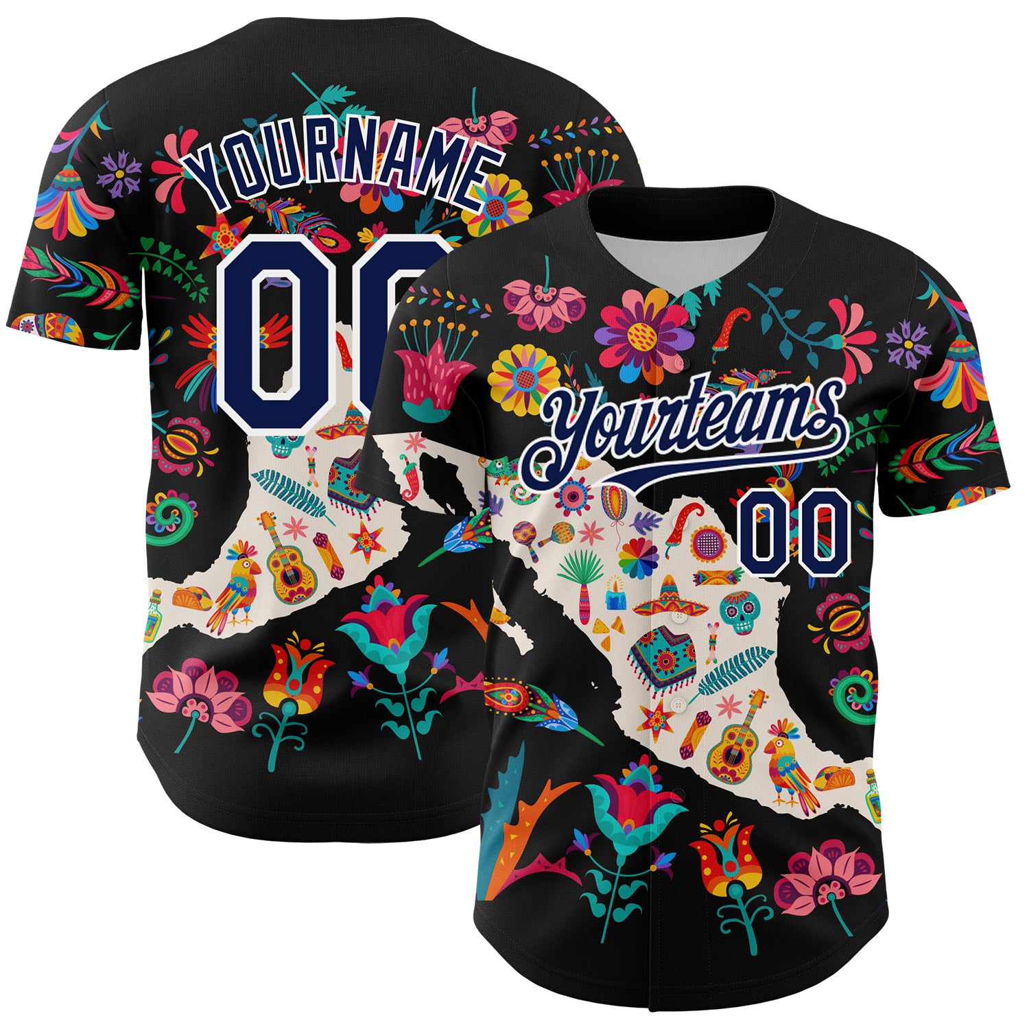 Custom Black Navy-White 3D Mexico Map With Tropical Plant And Animal Authentic Baseball Jersey