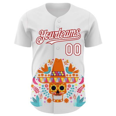 Custom White Red 3D Mexican Festival Flower Skull With Sombrero Cinco de Mayo Authentic Baseball Jersey