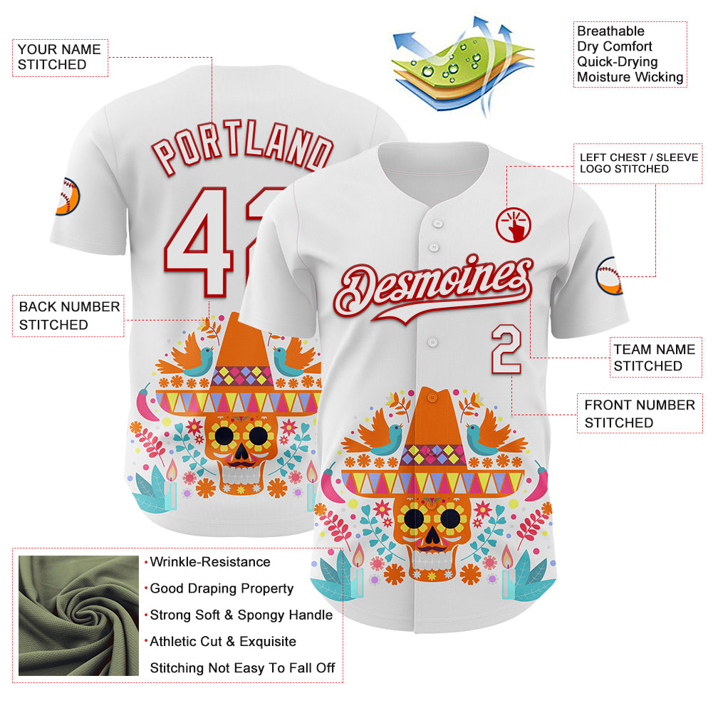 Custom White Red 3D Mexican Festival Flower Skull With Sombrero Cinco de Mayo Authentic Baseball Jersey
