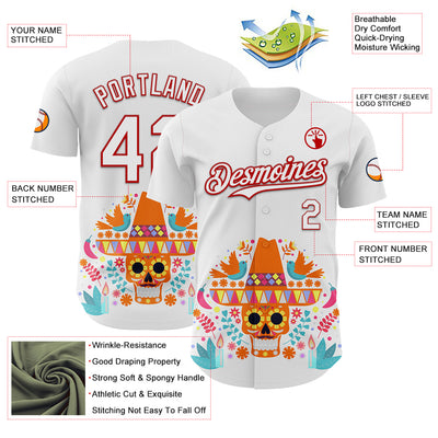 Custom White Red 3D Mexican Festival Flower Skull With Sombrero Cinco de Mayo Authentic Baseball Jersey