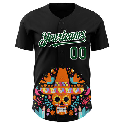 Custom Black Green-White 3D Mexican Festival Flower Skull With Sombrero Cinco de Mayo Authentic Baseball Jersey