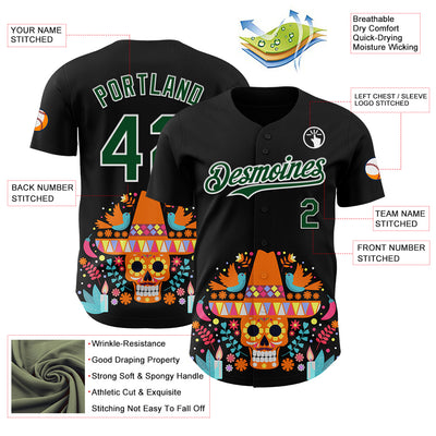 Custom Black Green-White 3D Mexican Festival Flower Skull With Sombrero Cinco de Mayo Authentic Baseball Jersey