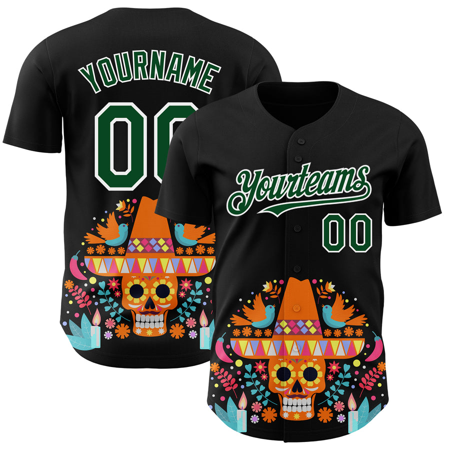 Custom Black Green-White 3D Mexican Festival Flower Skull With Sombrero Cinco de Mayo Authentic Baseball Jersey