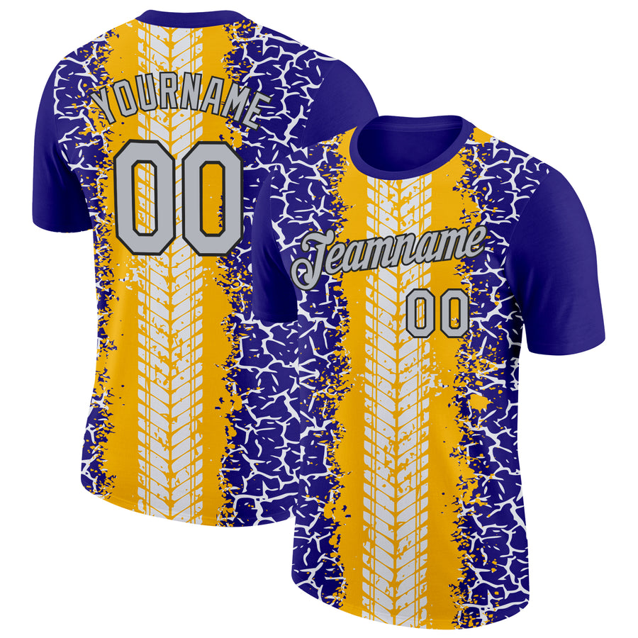 Custom Dark Purple Light Gray Gold-Black 3D Esports Performance T-Shirt