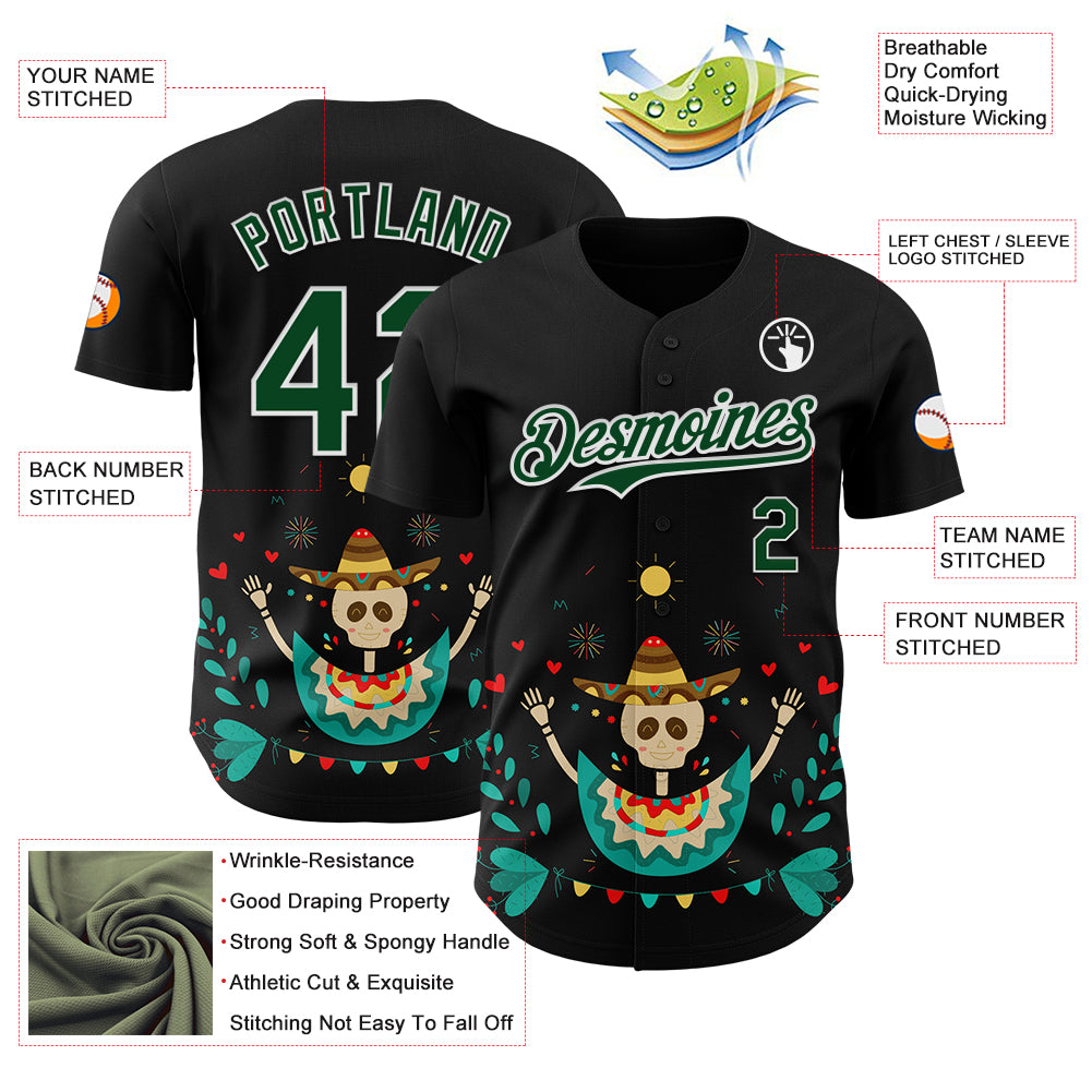 Custom Black Green-White 3D Mexican Festival Flower Skull With Sombrero Cinco de Mayo Authentic Baseball Jersey