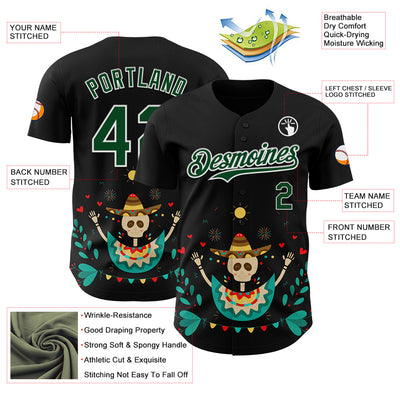 Custom Black Green-White 3D Mexican Festival Flower Skull With Sombrero Cinco de Mayo Authentic Baseball Jersey