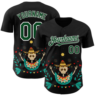 Custom Black Green-White 3D Mexican Festival Flower Skull With Sombrero Cinco de Mayo Authentic Baseball Jersey
