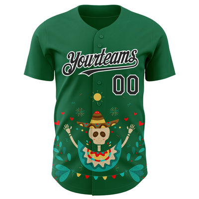 Custom Kelly Green Black-White 3D Mexican Festival Flower Skull With Sombrero Cinco de Mayo Authentic Baseball Jersey