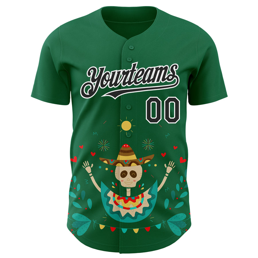 Custom Kelly Green Black-White 3D Mexican Festival Flower Skull With Sombrero Cinco de Mayo Authentic Baseball Jersey