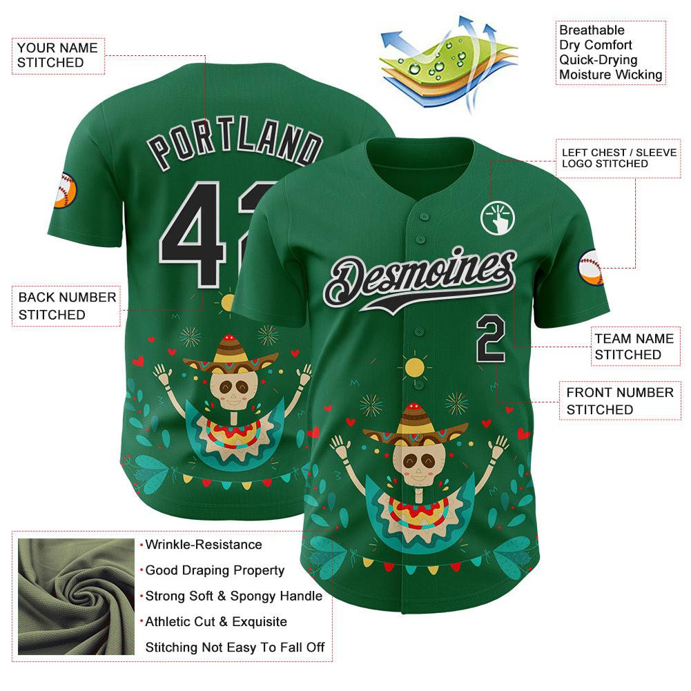 Custom Kelly Green Black-White 3D Mexican Festival Flower Skull With Sombrero Cinco de Mayo Authentic Baseball Jersey