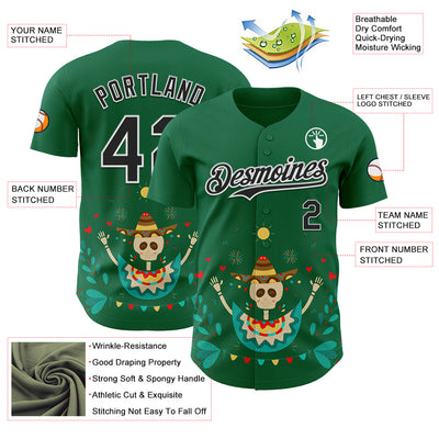 Custom Kelly Green Black-White 3D Mexican Festival Flower Skull With Sombrero Cinco de Mayo Authentic Baseball Jersey