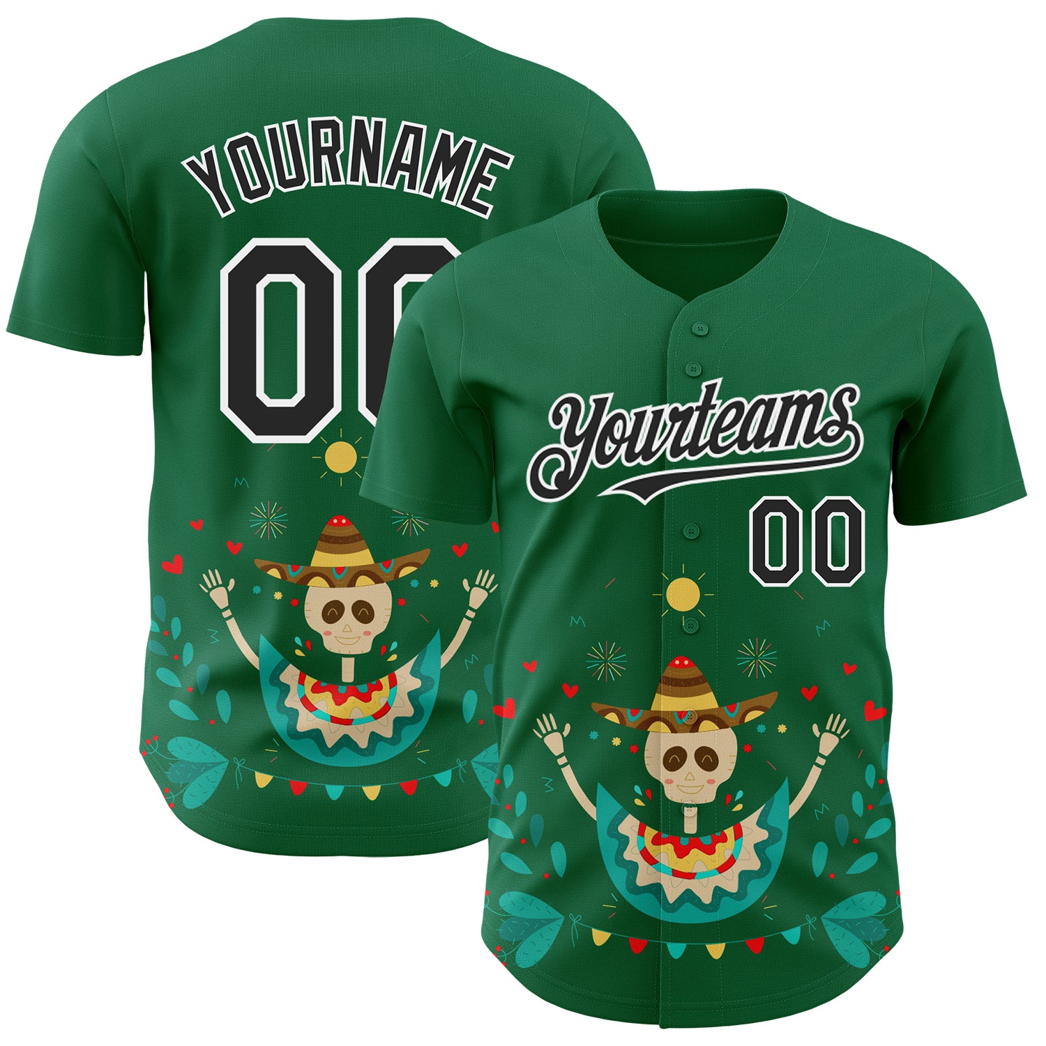 Custom Kelly Green Black-White 3D Mexican Festival Flower Skull With Sombrero Cinco de Mayo Authentic Baseball Jersey