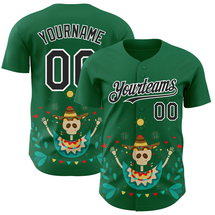Custom Kelly Green Black-White 3D Mexican Festival Flower Skull With Sombrero Cinco de Mayo Authentic Baseball Jersey