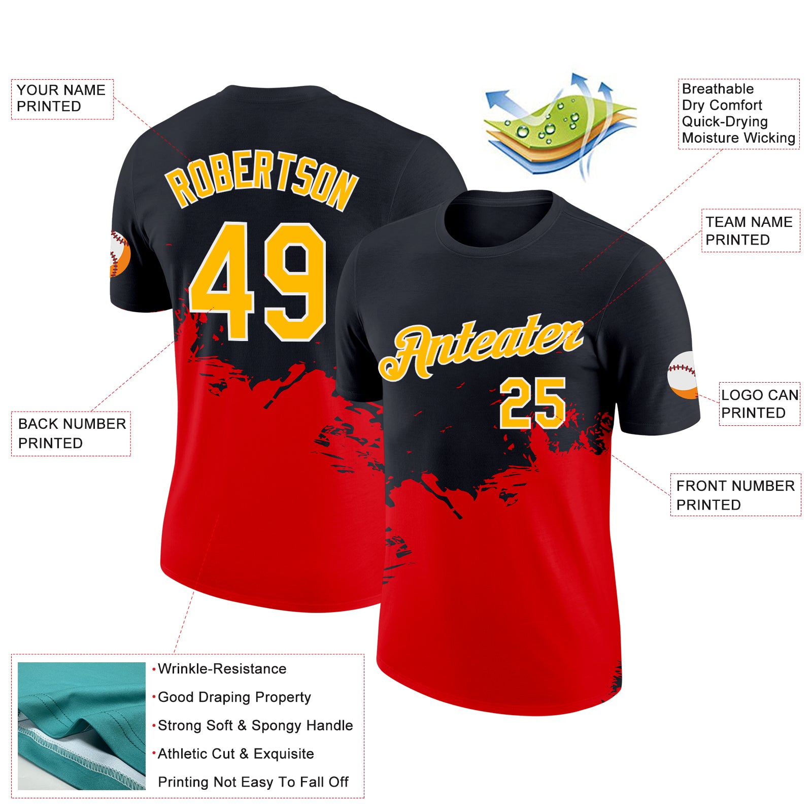 Custom Black Gold-Fire Red 3D Esports Performance T-Shirt