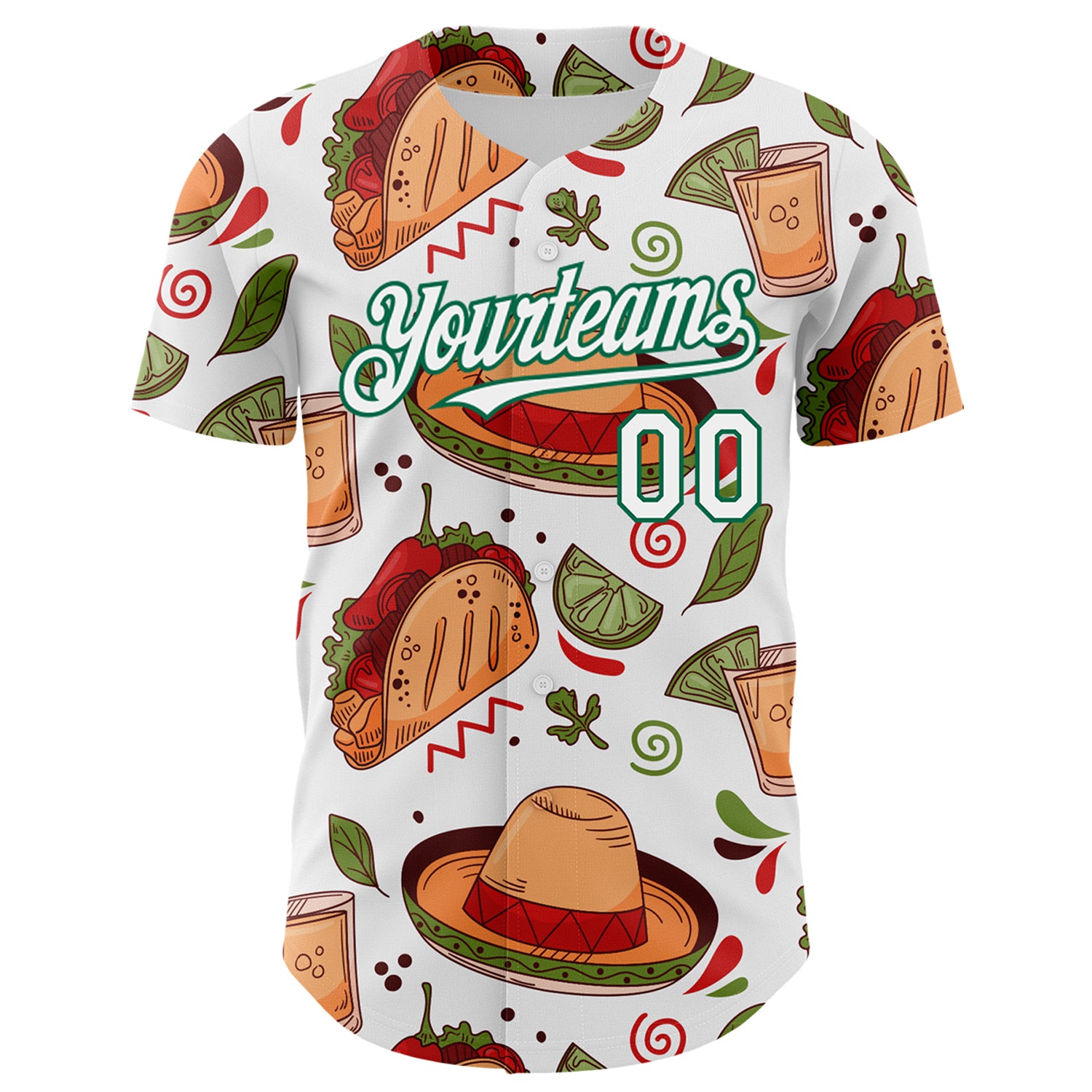 Custom White Kelly Green 3D Mexican Festival Tacos And Sombrero Cinco de Mayo Authentic Baseball Jersey