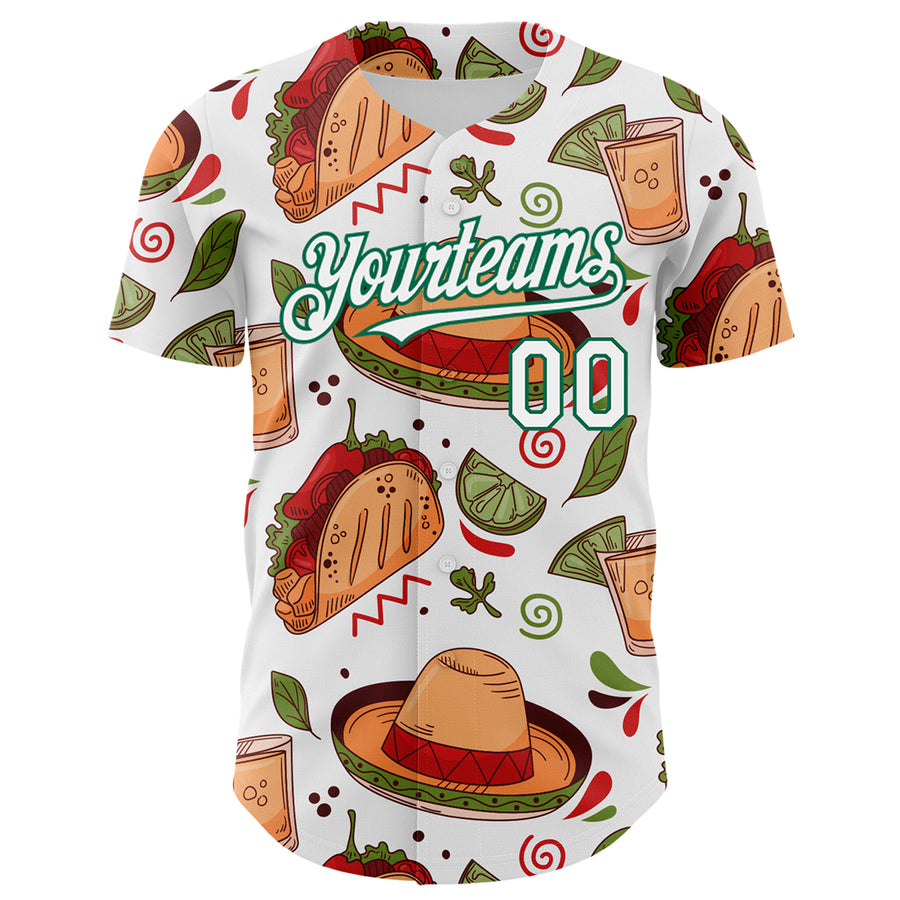 Custom White Kelly Green 3D Mexican Festival Tacos And Sombrero Cinco de Mayo Authentic Baseball Jersey