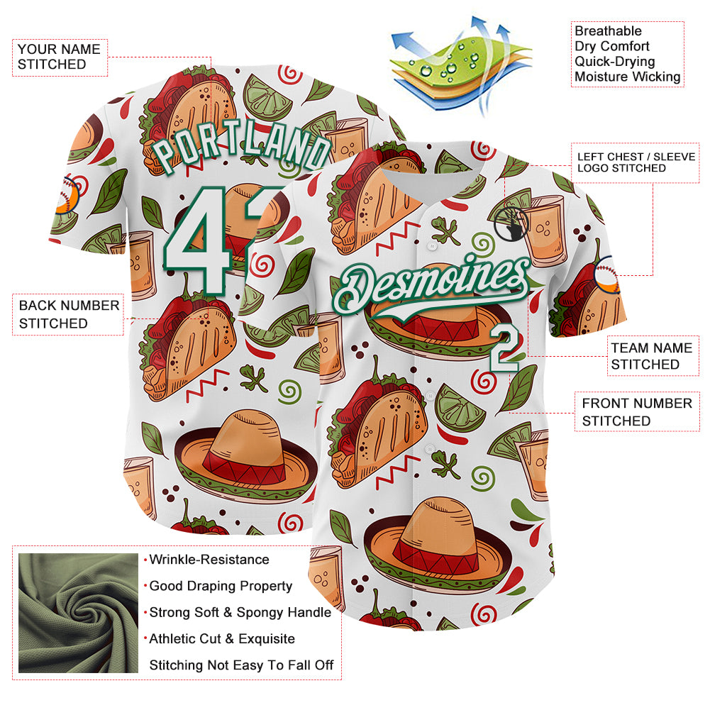 Custom White Kelly Green 3D Mexican Festival Tacos And Sombrero Cinco de Mayo Authentic Baseball Jersey