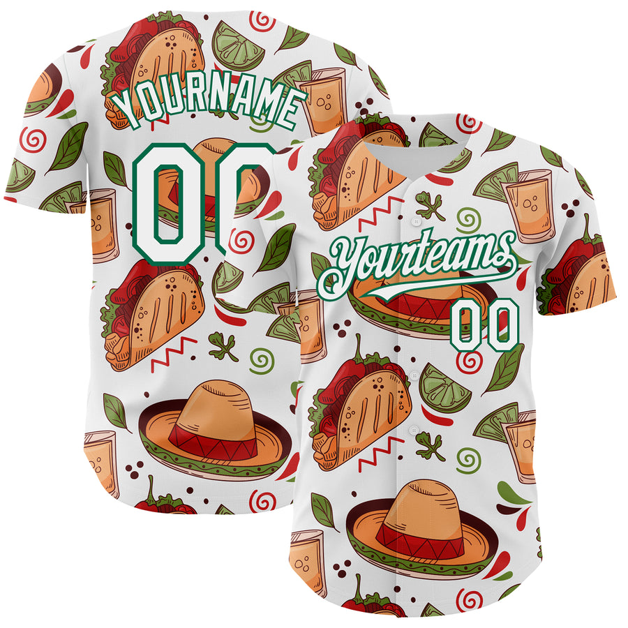 Custom White Kelly Green 3D Mexican Festival Tacos And Sombrero Cinco de Mayo Authentic Baseball Jersey