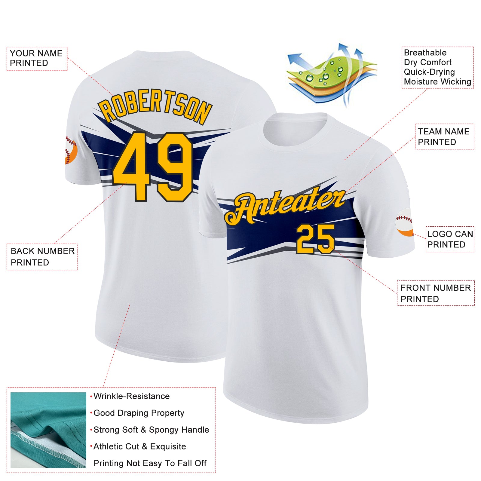 Custom White Gold Navy Gray-Black 3D Esports Performance T-Shirt