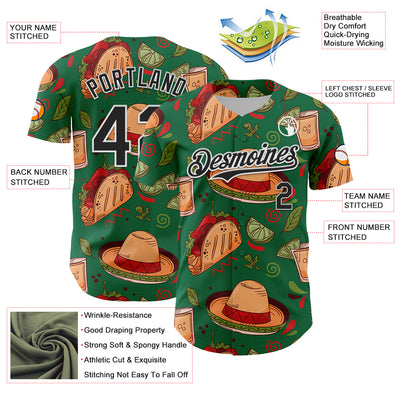 Custom Kelly Green Black-White 3D Mexican Festival Tacos And Sombrero Cinco de Mayo Authentic Baseball Jersey